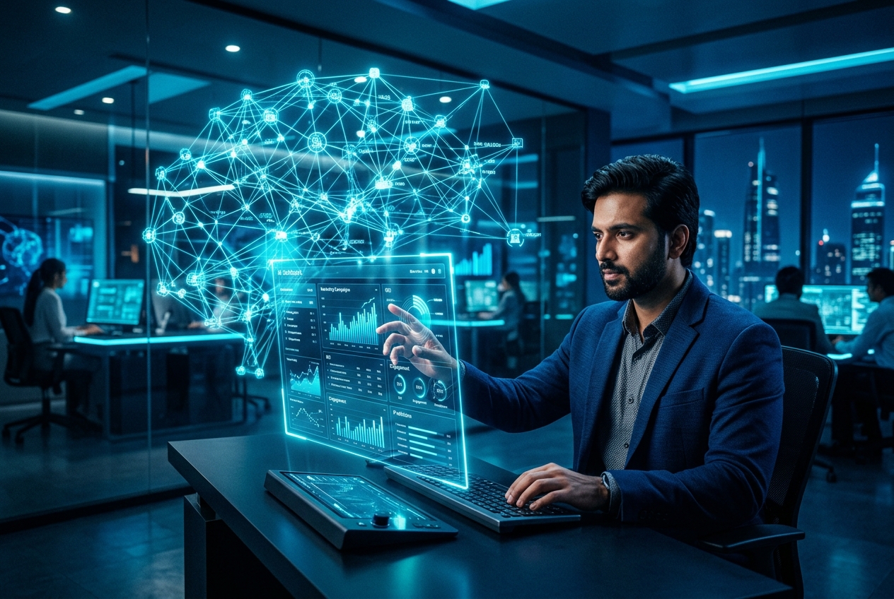 Indian professional working alongside AI interface with holographic marketing data — IElevate