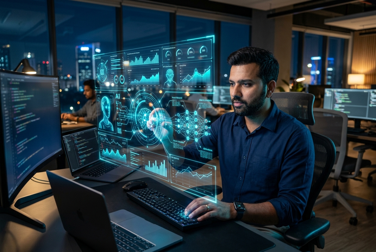 Indian data professional working with AI interface overlaid on analytics dashboards — IElevate
