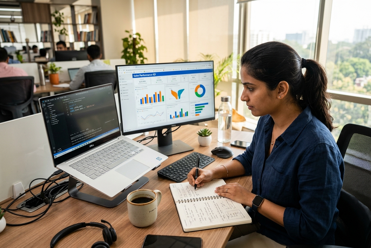 Indian data analyst working at desk with SQL and Power BI open — day in the life — IElevate