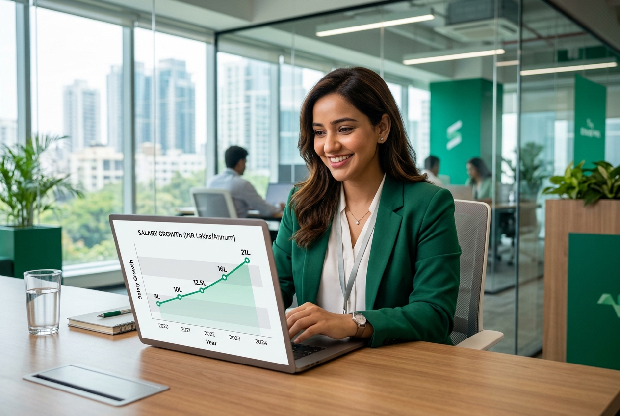 Indian data analyst at laptop with salary growth chart — IElevate salary guide 2027