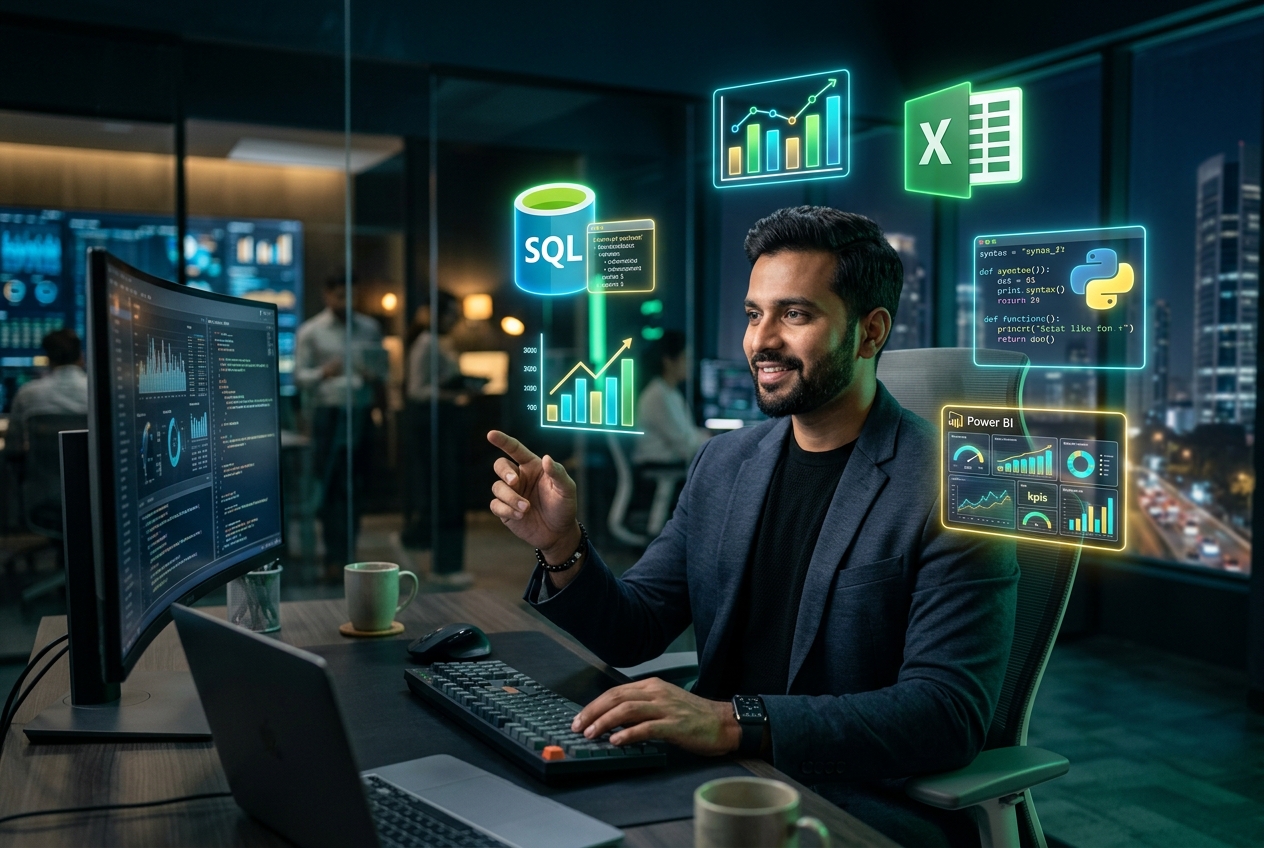 Data analytics skills visualization with SQL, Power BI, Python icons — IElevate India