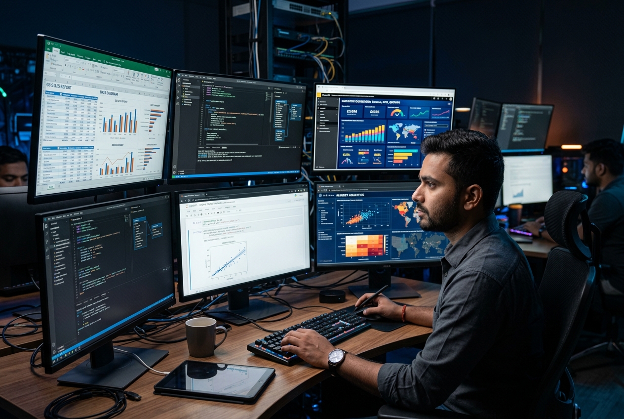 Data analytics tools dashboard showing SQL, Power BI, Python and Excel icons — IElevate India