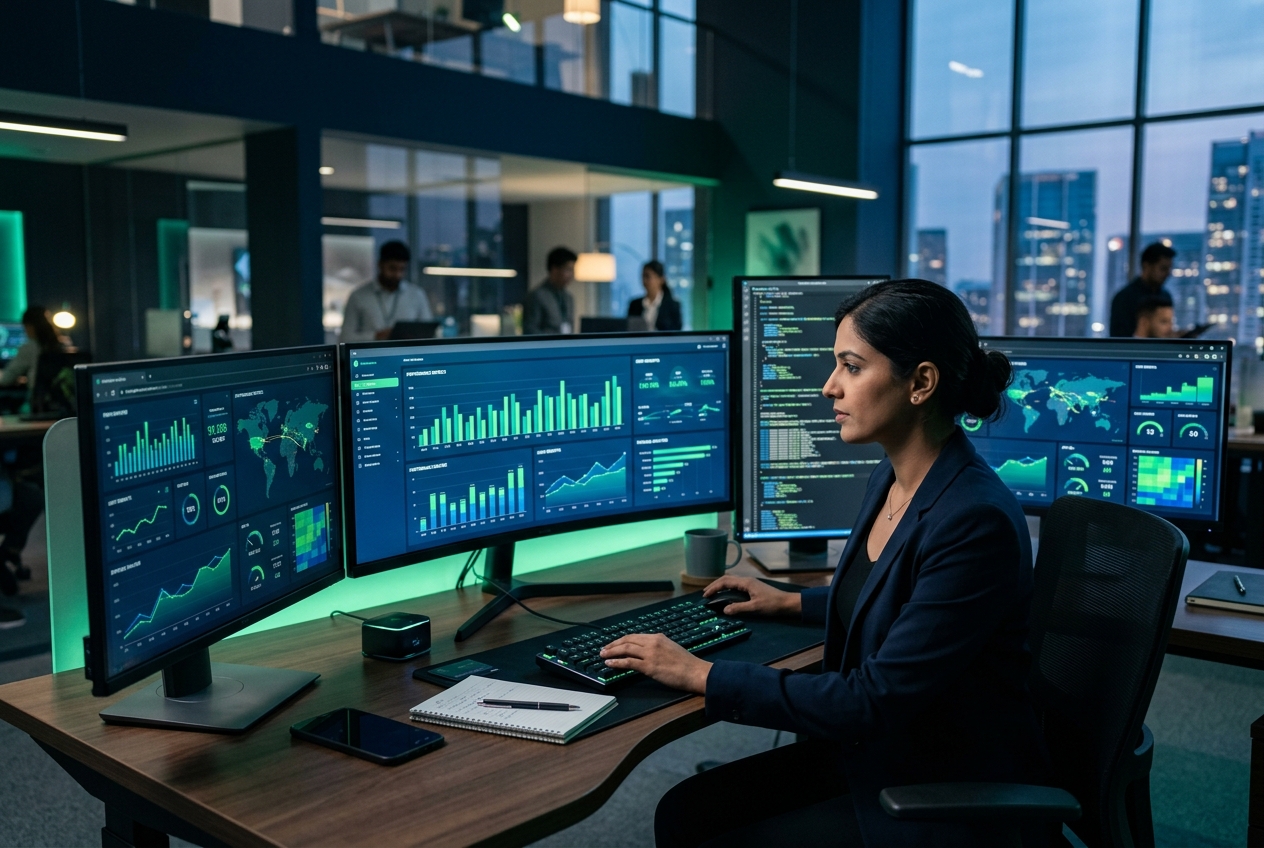 Indian professional analysing data dashboards on multiple screens — IElevate Data Analytics guide