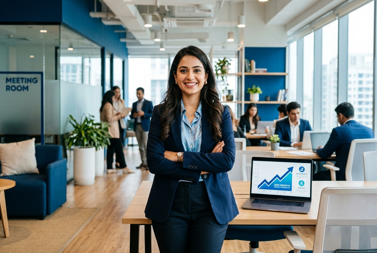 Confident Indian professional at laptop with career growth chart — is digital marketing a good career — IElevate