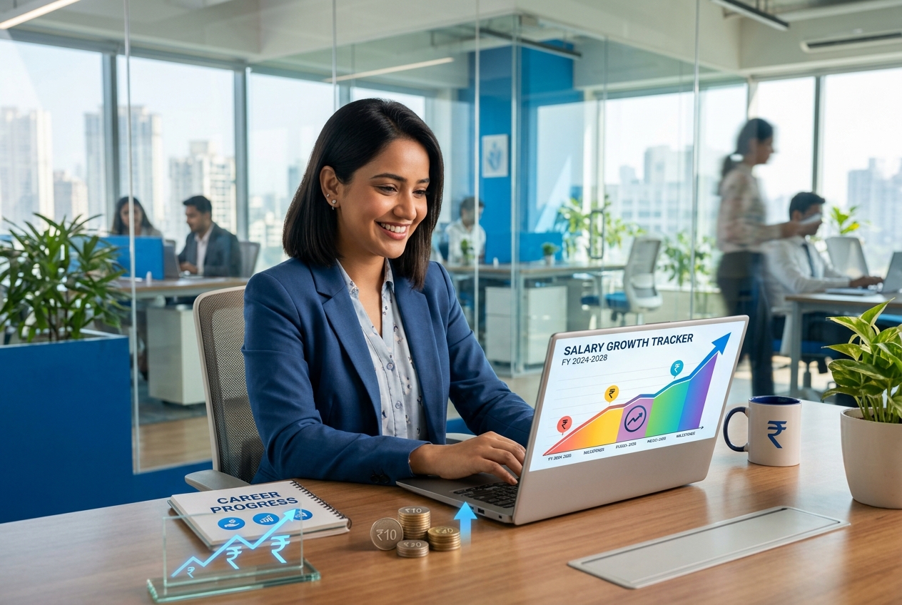 Indian professional at laptop with salary growth chart — digital marketing salary India 2027 — IElevate