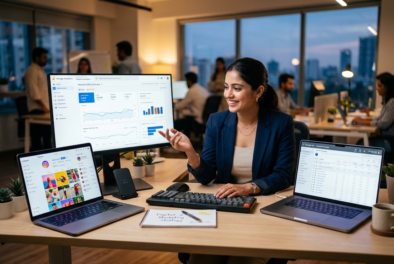 Indian professional analysing digital marketing dashboards across multiple screens — IElevate